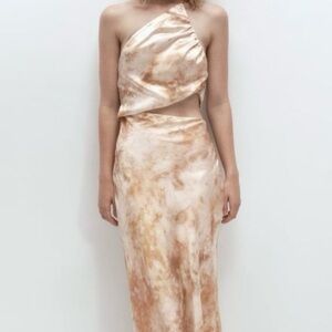 NWT ZARA One Shoulder Marble Print Satin Maxi Dress with Cutout
